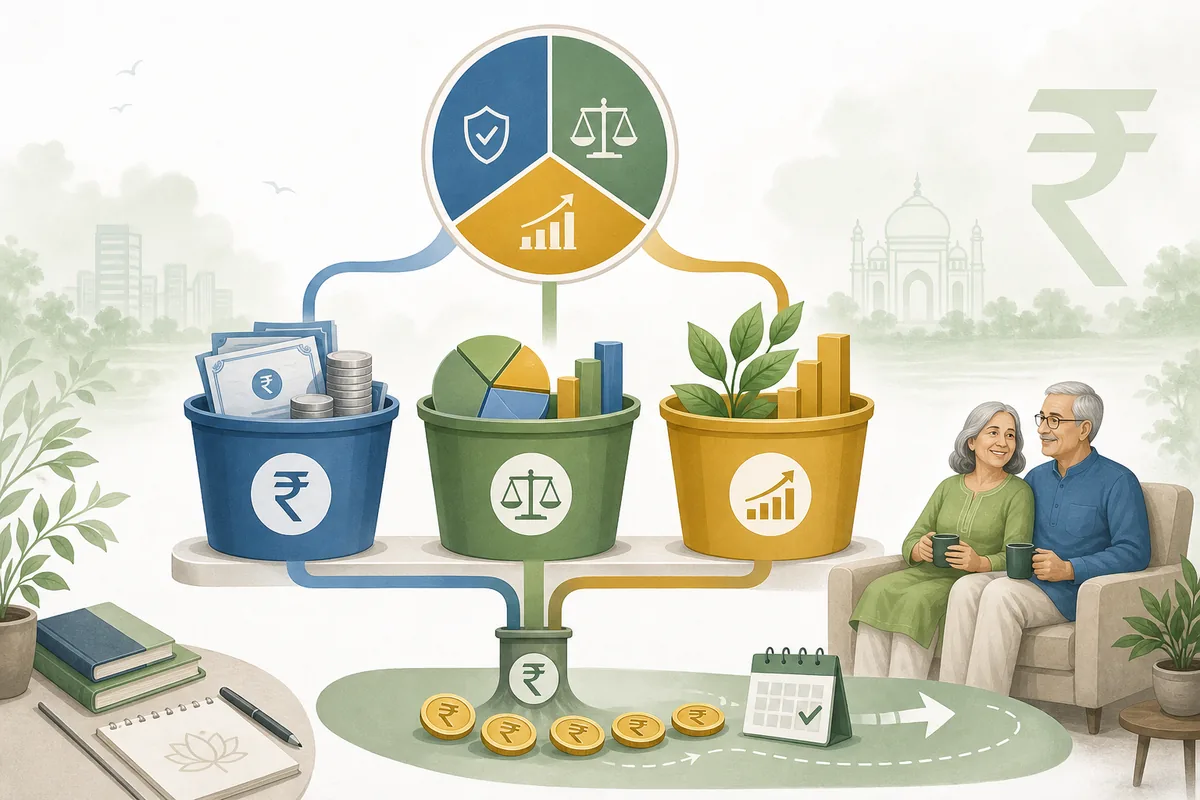Editorial illustration of choosing mutual fund buckets for SWP income in India