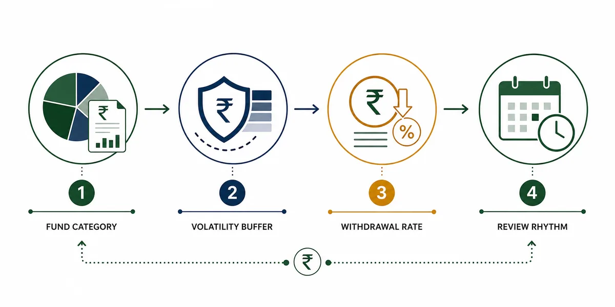 Step-flow illustration of SWP fund category, volatility, withdrawal rate, and review checks